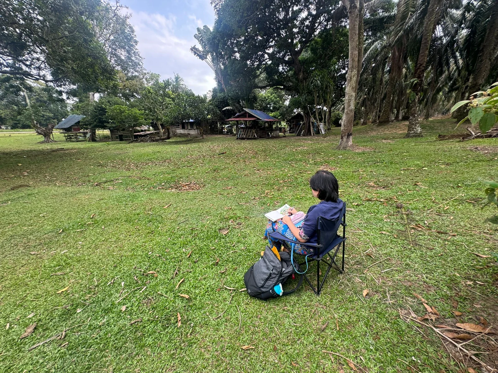 A person sketching in an open green landscape